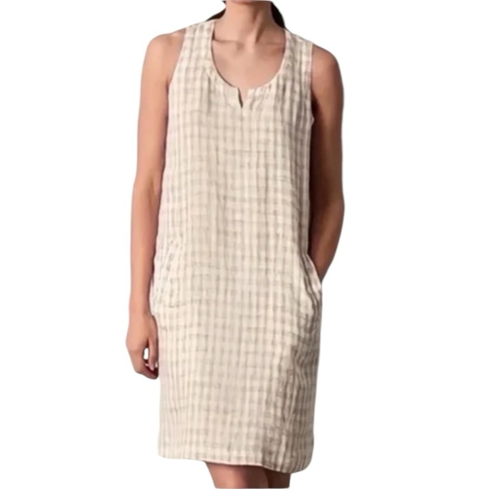 Eileen Fisher Organic Linen Slub Gingham Check Shift Dress Size Medium Natural